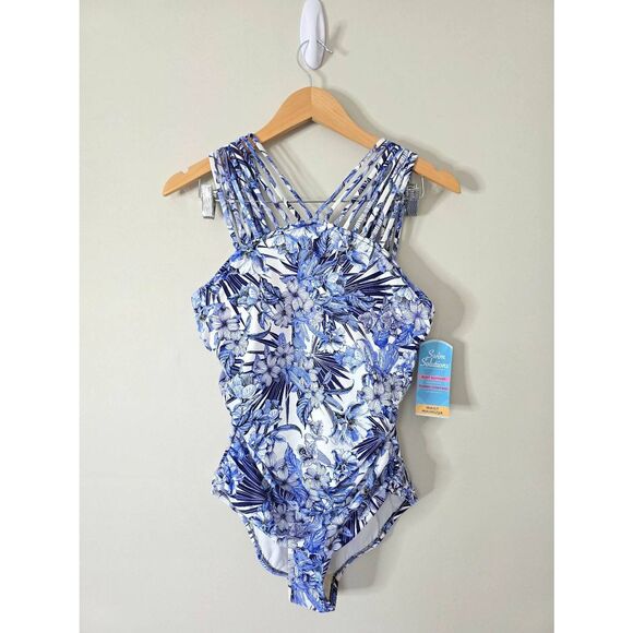 Swim Solutions Blue Floral Stretch Tummy Control One Piece Swimsuit Size 12 NEW - Picture 2 of 8